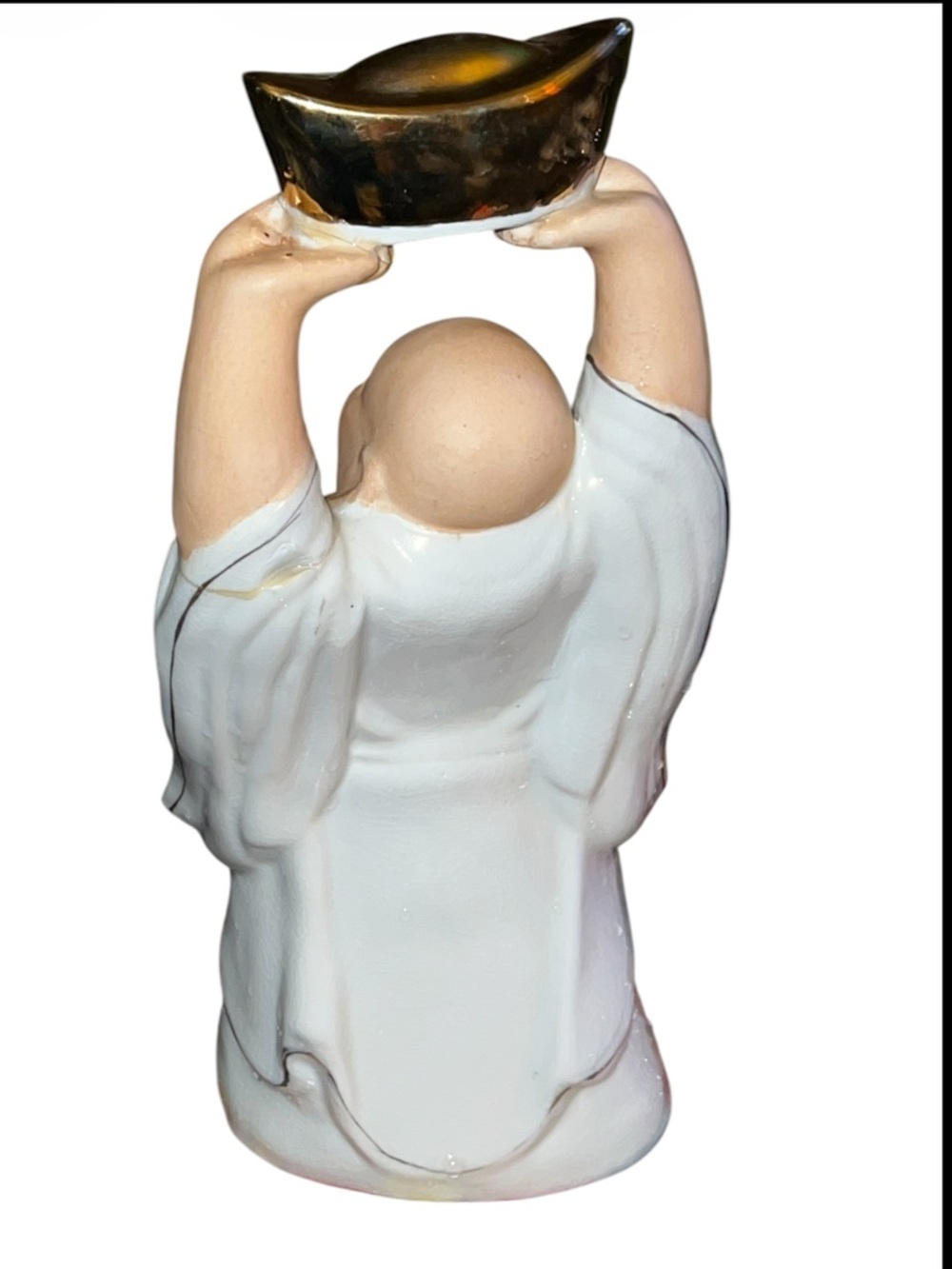 Vintage Porcelain Laughing Chinese Buddha Statue Holding Gold Ingot - Picture 2 of 4